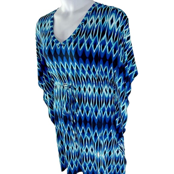 Calvin Klein Size 14 Blue Dress Kimono Flutter Sleeve Geometric Drawstring - Picture 3 of 11
